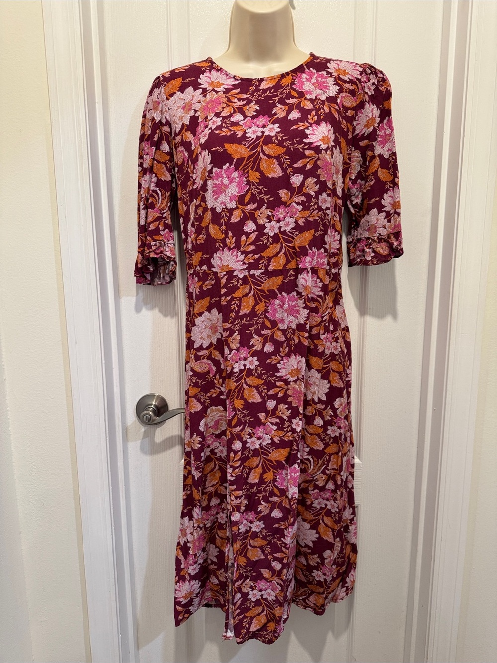 LOFT Burgundy Floral Midi Dress with Pink & Rust Accents